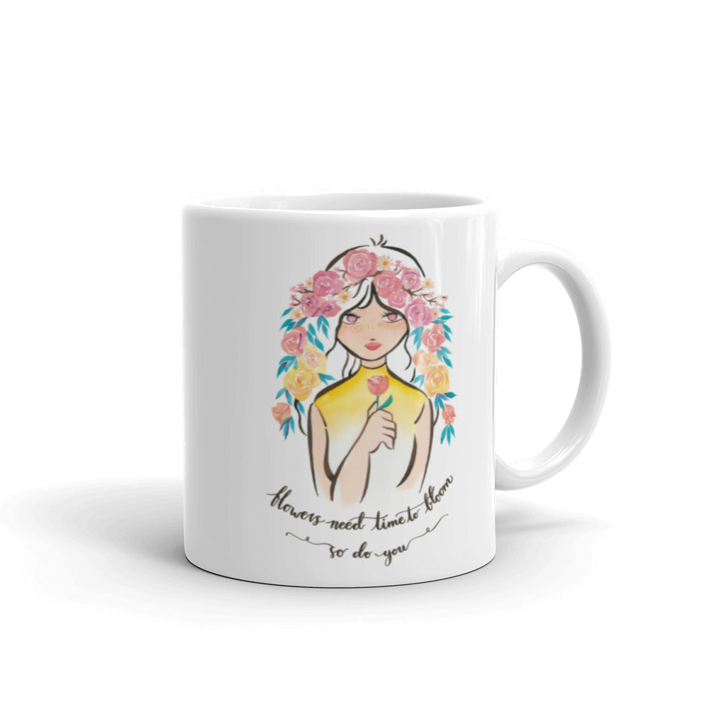 'Flowers need time to bloom. So do you.' Mug - Peaucafe